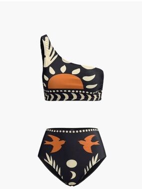 Commense One-Shoulder Two-Piece Swim Set in Black, Orange & Cream